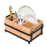 Boîte à ustensiles en bois, support de rangement pour couverts de cuisine, design en fer forgé, rangement pour couteaux, fourchettes, baguettes, organisateur de compartiments pour fournitures scolaires