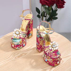 Mixed Flower Pearls Women Floral High Chunky Heels Ankle Strap Rhinestone Summer Outdoor Party Dress Thick Platform <b>Shoes</b> - Product Image 6