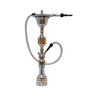 Chicha authentique égyptienne Khalil Mamoon de 92 cm, finition argentée avec accents en laiton et tuyau assorti - Product Image 1