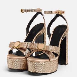 Sandales à plateforme épaisse pour femmes, talons hauts et épais, lanières à la cheville, nœud avant, chaussures d'été ornées de diamants, couleurs personnalisables - Product Image 6