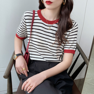 Suéteres Casuales de <span class=keywords><strong>Punto</strong></span> a Rayas para <span class=keywords><strong>Mujer</strong></span>, Moda de Verano, <span class=keywords><strong>Manga</strong></span> <span class=keywords><strong>Corta</strong></span>, Holgados, Venta al Por Mayor - Product Image 3