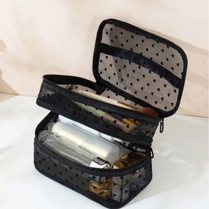 Bolsa de cosméticos de malla de doble capa con estampado de corazones negros, organizador de artículos de tocador portátil de gran capacidad para viajes - Product Image 4