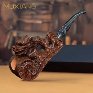 Muxiang Hand Carved Dragon Tobacco Pipe Bent Type Solid Wood Smoking Pipe For Men - Product Image 1