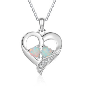 S925 Sterling Silver Rhodium Plated Dainty Double Heart <b>Opal</b> Pendant <b>Necklace</b> CZ Accents Trendy Engagement Wedding Party Jewelry - Product Image 1