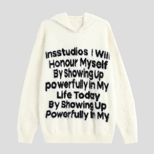 Custom Fuzzy Knit Hooded Sweater Men Oversized Letter Print Faux Mohair Hoodie <b>Pullover</b> Streetwear Knit <b>Jumper</b> - Product Image 2