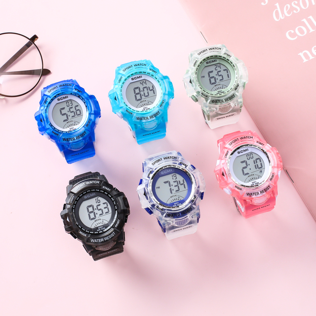 Fashion Transparent Kids Digital EL Back Light Waterproof Sports Watch Wristwatch Chronograph Calendar Alarm Gifts for Teenagers