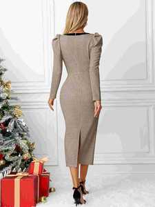 Tendance Designer Dames Vêtements O-cou Élégant Formelle Droite Plaid Tweed Robe Femmes Vestidos - Product Image 3