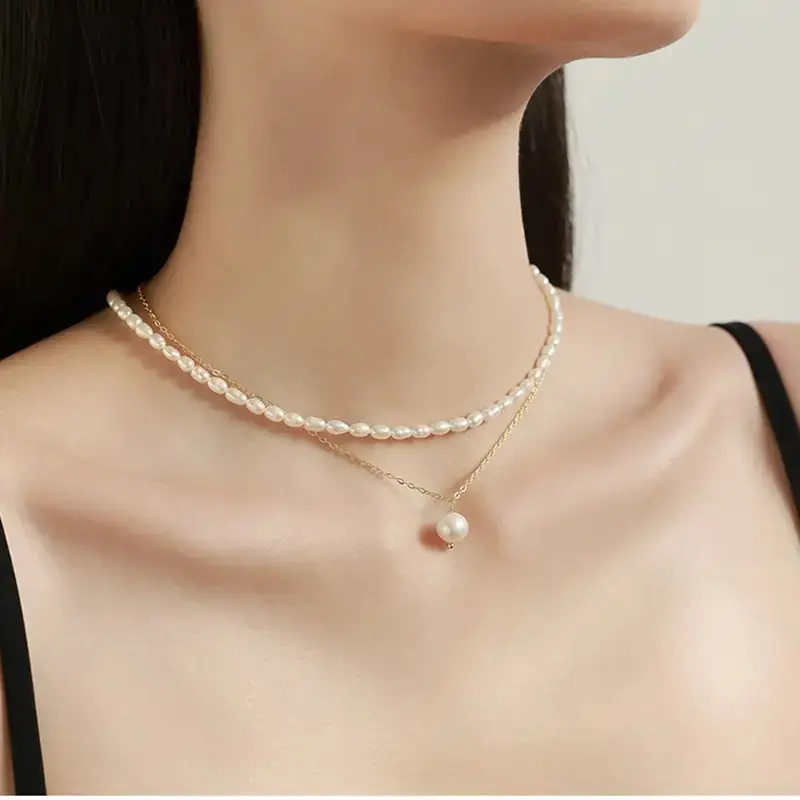 New Luxury Double layered Natural Freshwater Pearl Necklace for Women's Stainless Steel Unique Baroque Pearl Pendant Necklace