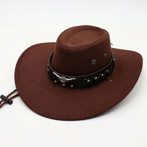 Unisex Retro Western Cowboy Hat European American <b>Style</b> New Bull <b>Head</b> Logo Belt Ethnically Designed Fabric for Outdoor Travel - Product Image 2