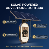 Boîte lumineuse solaire personnalisée pour extérieur, IP65, aluminium + film UV, panneau publicitaire LED, batterie 1000Wh, sans électricité, forme carrée, OEM accepté