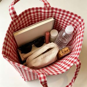 Eco Friendly Vintage Reusable Open Top <b>Red</b> <b>Gingham</b> Check Canvas for Daily Shopping Custom Logo Canvas Tote Bag - Product Image 3