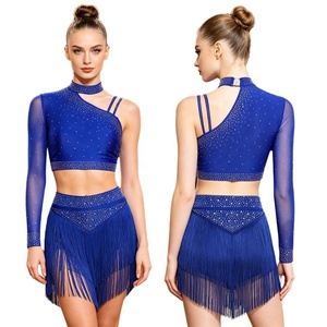 Traje de Baile Latino con Pedrería para Mujer, Falda con Flecos, Top Corto Asimétrico de Una Manga, Conjunto de Ropa de Baile para Competencia, Personalizado - Product Image 5