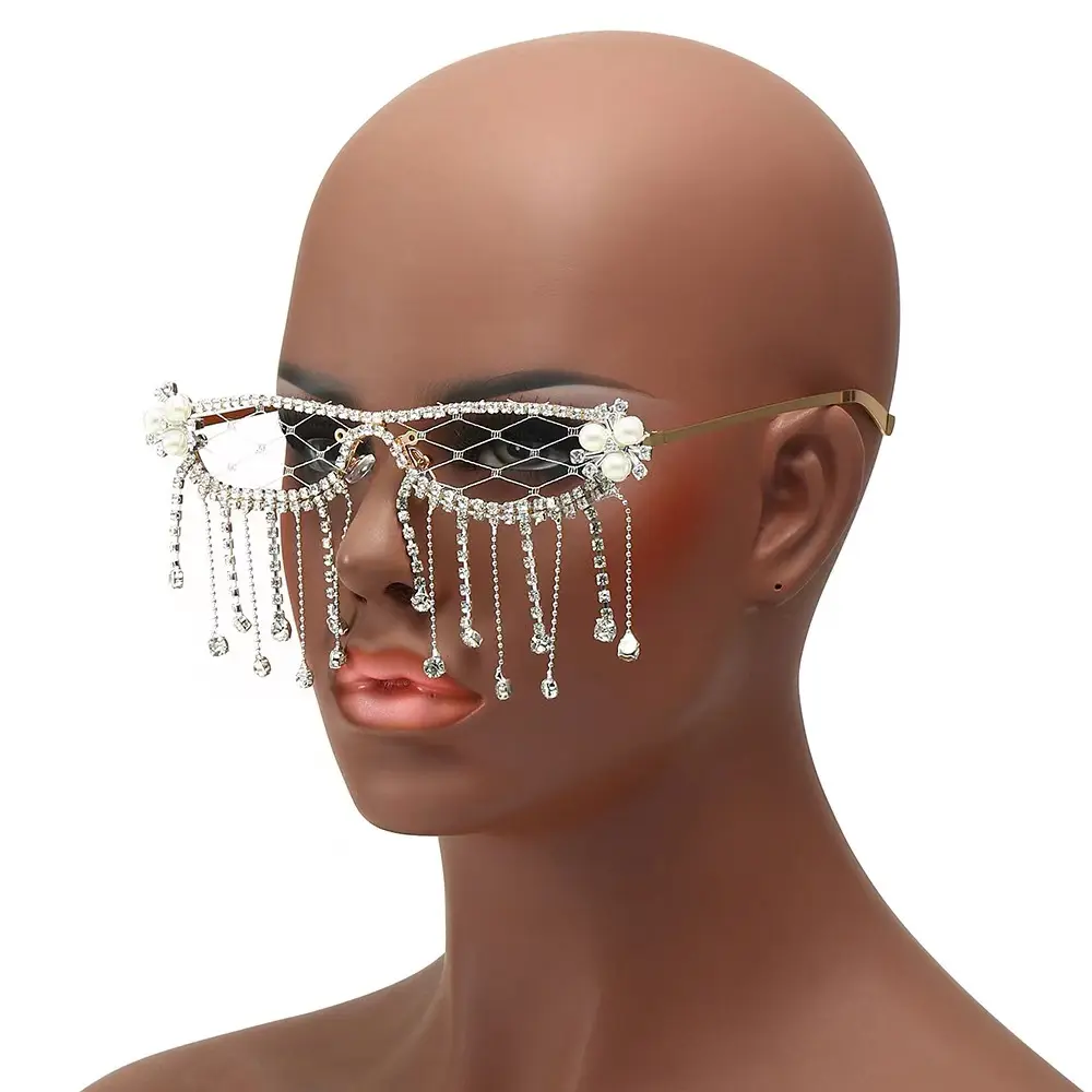 Moda Tassel Diamantes Óculos De Sol Mulheres Luxo Rhinestone Crystal Sun Óculos Feminino Steampunk Mesh Shades Sem Lens Eyewear