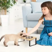 Gamelle double surélevée écologique pour chat, anti-renversement, en acier inoxydable, avec support en bois antidérapant en fer, motif uni