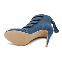 Bottines à bout ouvert en denim bleu pour femmes, talon aiguille de 12 cm, multi-bretelles, chaussures tendance, fabrication OEM ODM, vente en gros