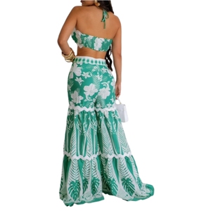 Ensemble deux pièces sexy pour femme : haut bustier lacé et pantalon large imprimé ajouré – Idéal pour sortir - Product Image 2