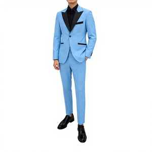 Costume de smoking bleu clair confortable en polyester pour homme, simple boutonnage, revers cranté, finition noire, tenue de cérémonie pour mariage et soirée - Product Image 6