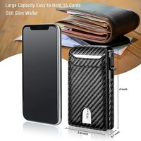 Dompet pendek pria mewah kustom serat karbon kulit PU bergaris tempat kartu penghalang RFID dengan Popup casing penutup aluminium Dompet