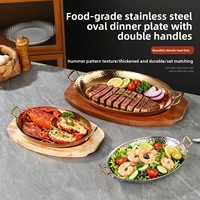 Plateau de service ovale en acier inoxydable 304 martelé, base en bois or rose, pour steak, restaurant, hôtel, traiteur, cuisine domestique