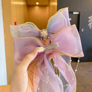 Jepit rambut jala manis klip pita untuk anak perempuan hiasan kepala kupu-kupu berlian mutiara Aksesori Organza untuk Aksesori pesta anak-anak - Product Image 5
