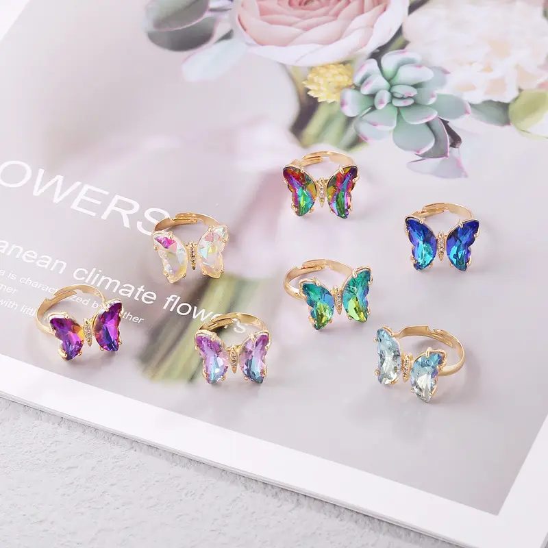 Zircon papillon anneaux pour femmes filles luxe plaqué or cuivre main doigt bijoux accessoires taille réglable