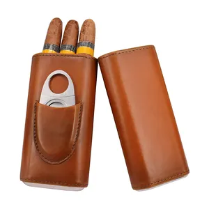 Roxyrolla Kustom Portable Cigar Case Perjalanan Kulit Wiht Cigar Cutter Kualitas 3- Finger Coklat Kulit Cigar Case Dalam Jumlah Besar