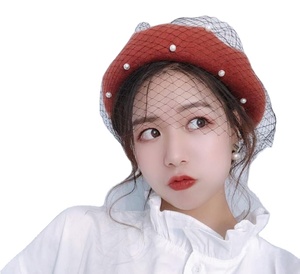 Boina francesa con velo de malla y perlas de fieltro de lana 100% para <span class=keywords><strong>mujer</strong></span>, gorro cálido de Color sólido, sombrero de artista para pintor, disfraces de fantasía, 10 colores - Product Image 1