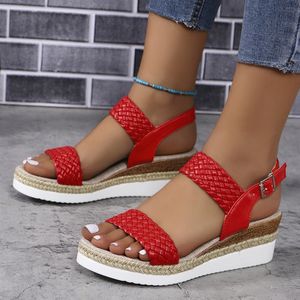 Sandales tissées rouges en gros d'usine - Espadrille à talon compensé, bride à la cheville, chaussures décontractées pour femmes au quotidien - Product Image 4