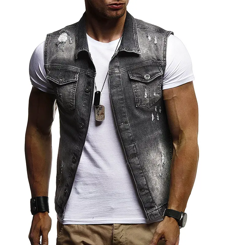 OEM Design Denim Vest Vintage Men'S Jacket Sleeveless Casual Waistcoat Men Jeans Coat Ripped Slim Fit Male Jacket Cowboy Washed