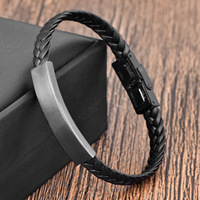 Bracelet pour homme en cuir noir avec gravure, en cuir de vachette et acier inoxydable, design tressé simple, fait main, multi-couches