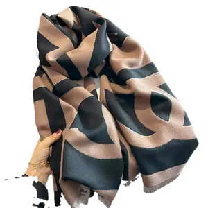 Double-Sided Thickened Warm Scarf Women Imitation Cashmere H Letter Color Block Checkered Pattern Autumn Winter Plus Long Size