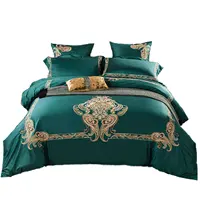 サテン60sイタリアンベッドセットキットグリーン刺繍高光沢ベッドルーム高級掛け布団寝具セット4ピース