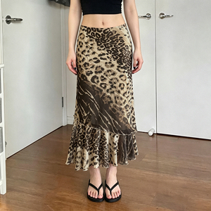Falda Midi Estilo Sirena con Estampado de Leopardo, Volantes y Parches Asimétricos, Moda Urbana Retro Americana Y2K - Product Image 1