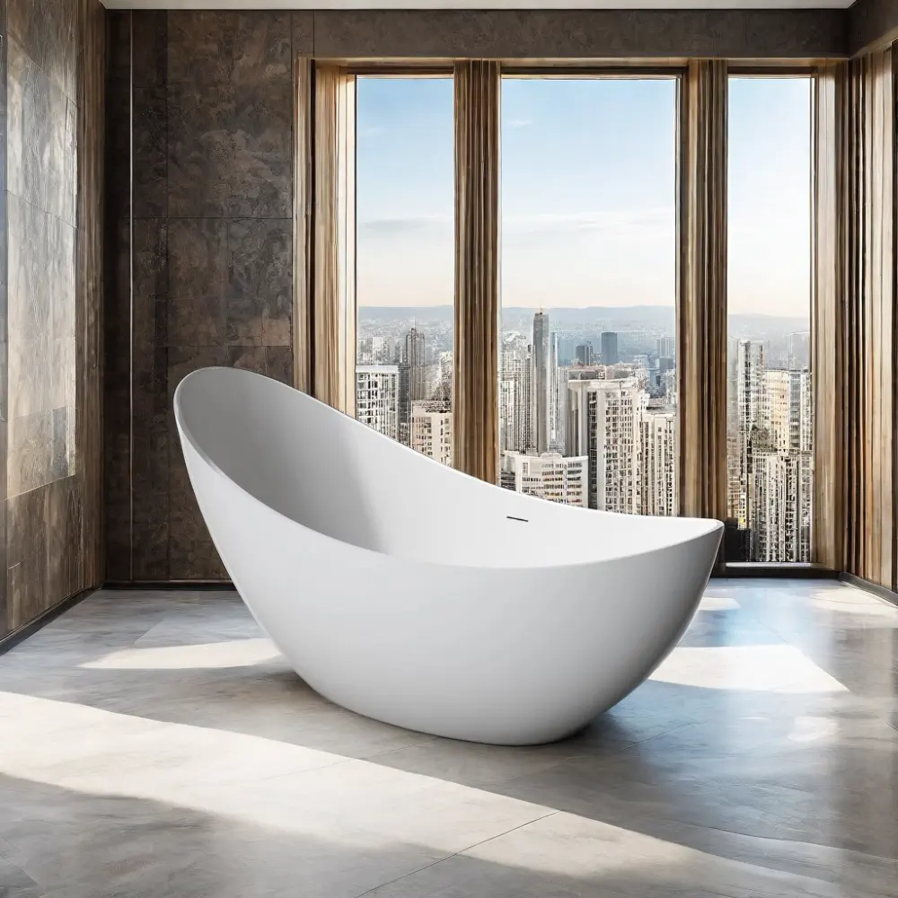 Bañera independiente de piedra artificial, bañera de superficie sólida blanca mate, bañera profunda de hotel con forma de luna