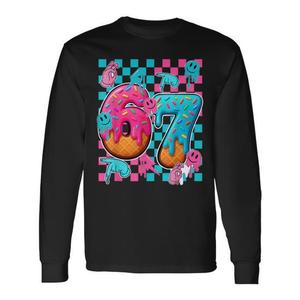 67 Ice Cream Drip Checkered Number 67th Birthday T-shirt a maniche lunghe - Product Image 1