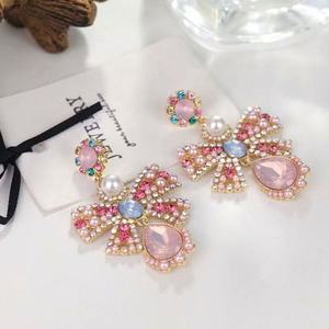 European American Trendy Fashion Imitation Pearl Colored Crystal <b>Glass</b> Metal Bow Earrings Elegant Sweet <b>Retro</b> Jewelry - Product Image 4