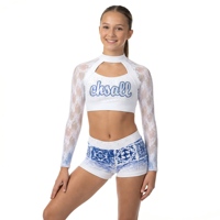 Uniforme de Porristas, Top Corto de Manga Larga con Encaje y Conjunto de Pantalones Cortos Estampados para Prácticas y Competiciones de Porristas