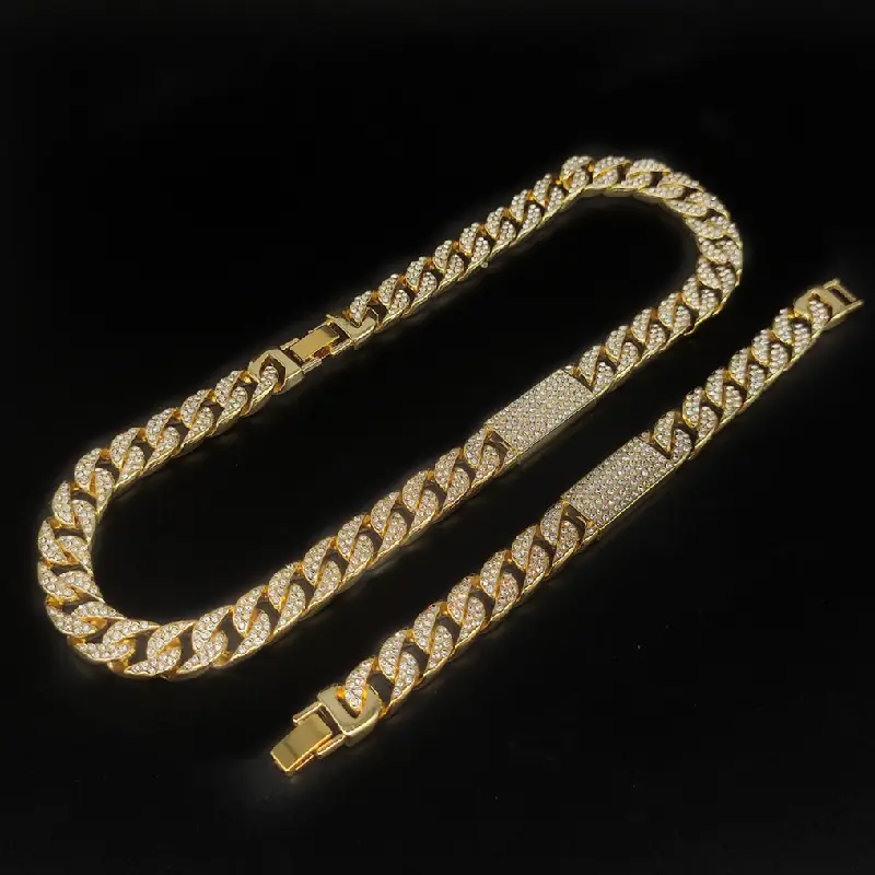 Cuban Link Chain Miami Necklace 22k Alloy Gold Silver Diamond Cut Chain for Men 15mm Iced Out Hip Hop Jewelry