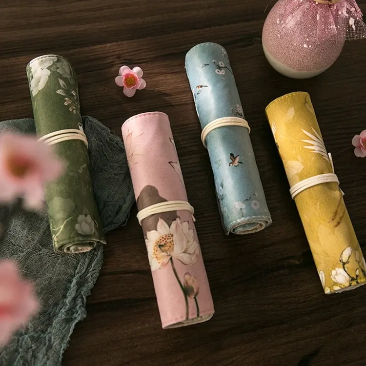 Chinese vintage painting style pencil roll wrap holder high quality pen pouch case