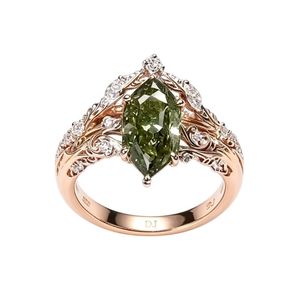 925 Sterling <b>Silver</b> Rose Gold <b>Emerald</b> <b>Ring</b> Shield Cut Green Stone Leaf Motif Vintage <b>Ring</b> - Product Image 1