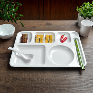 A5 <b>melamine</b> white six-compartment dinner <b>plate</b>, factory school canteen tableware, imitation porcelain round multi-compartment - Product Image 2