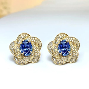 Orecchini a Perno con Pietra Blu Ovale Stile Fiore per Donne, Gioielli Vintage alla Moda - Product Image 6