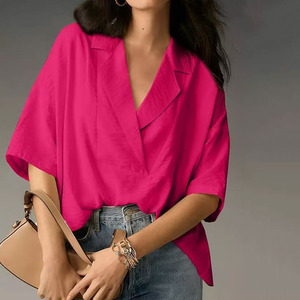 Camicia a maniche corte con risvolto a tinta unita <span class=keywords><strong>da</strong></span> donna, blusa casual a vestibilità ampia, top estivo nuovo arrivo - Product Image 1