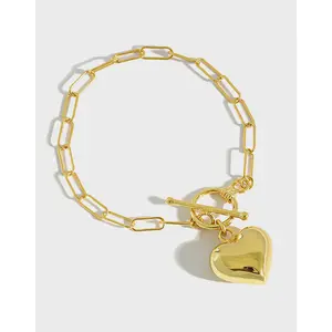 Pulsera de cadena de eslabones de plata de ley 925, brazalete de corazón de amor chapado en oro de 18K, joyería de moda