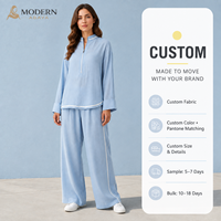 Ensemble coordonné modeste : Tunique à col montant et demi-zip et pantalon large à passepoil en lin bleu clair – Fabrication OEM/ODM