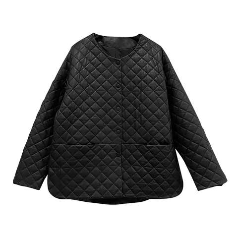 1158 Profiled Checked Cotton Round Collar Single Breasted Genuine Leather Sheep Kin Long Sleeve Jacket for Women