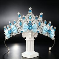 Tiara Mahkota Putri Busur Kristal Biru untuk Anak Perempuan Kecil, Ikat Kepala Anak dari Paduan Emas, Hadiah Ulang Tahun Perhiasan Rambut Cosplay