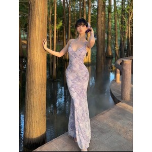 V Neck Backless <b>Purple</b> Bodycon Fishtail <b>Cocktail</b> <b>Dress</b> Solid Color Polyester Long <b>Dress</b> Natural Waistline - Product Image 1