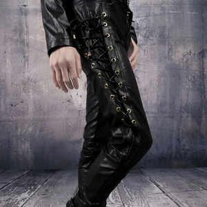 <b>Plus</b> <b>Size</b> Men Gothic punk rivet studded <b>Leather</b> Pants Lace Up Side Zipper Skinny <b>Trousers</b> Motorcycle Style for Autumn - Product Image 1