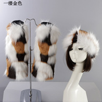 Ensemble deux pièces en fausse fourrure pour femme, automne-hiver, avec chauffe-jambes épais en peluche à motif léopard et chapeau écologique sans bord ouvert